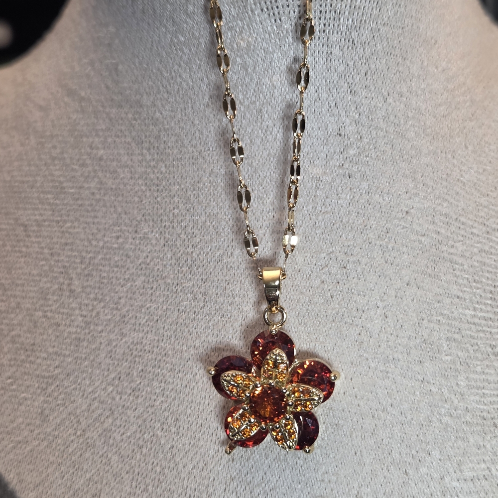 Gold and Orange/Red Flower Pendant Necklace
